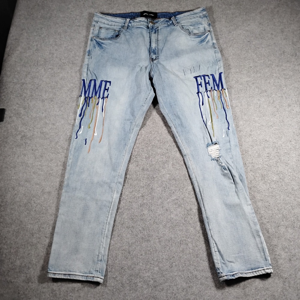 Homme + Femme Letterman Drip Blue Letters Jeans Mens 38 Distressed Light Wash